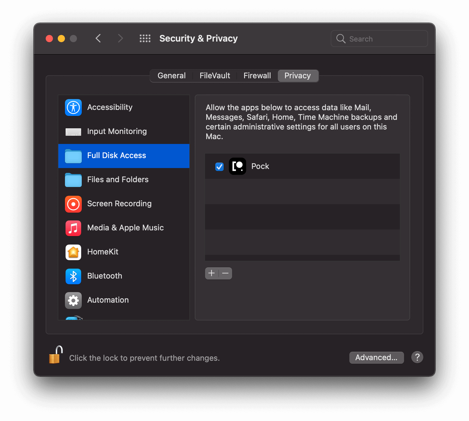 Pock Full Disk Access Permission